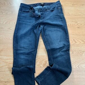 Paige jeans skinny jeans, size 31, dark wash. Good condition!
